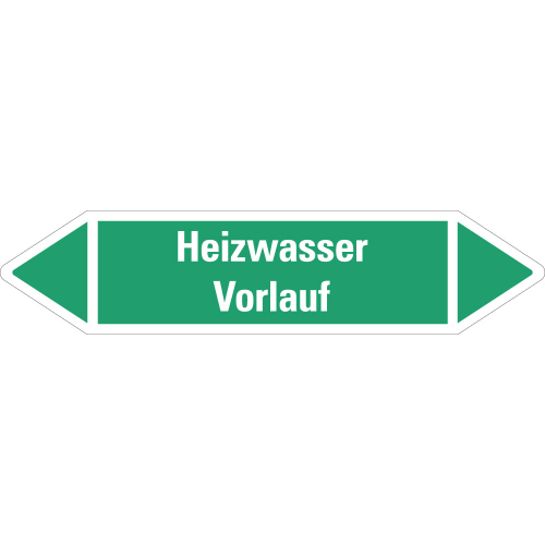 Rohrleitungsetikett Heizwasser Vorlauf, grün-weiß, für Rohre mit Ø ab 90 mm, Standardfolie, 440 x 100 mm, 2 St./Bogen