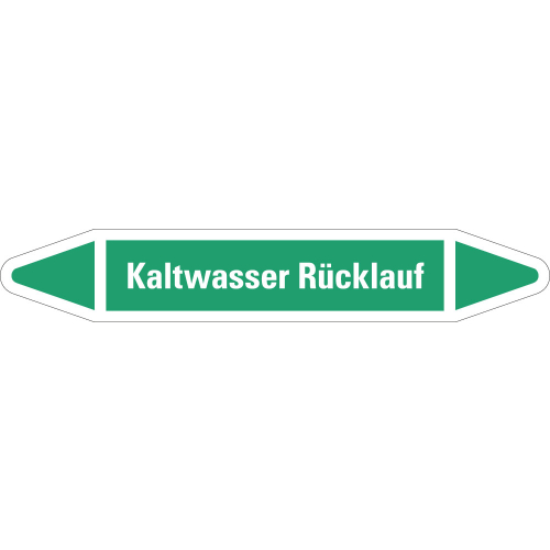Rohrleitungsetikett Kaltwasser Rücklauf, grün-weiß, für Rohre mit Ø 40 - 60 mm, Standardfolie, 218 x 37 mm, 5 St./Bogen Rohrleitungsetikett Kaltwasser Rücklauf, grün-weiß, für Rohre mit Ø 40 - 60 mm, Standardfolie, 218 x 37 mm, 5 St./Bogen
