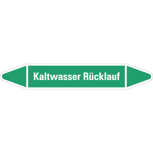 Rohrleitungsetikett Kaltwasser Rücklauf, grün-weiß, für Rohre mit Ø 60 - 90 mm, Standardfolie, 310 x 52 mm, 3 St./Bogen