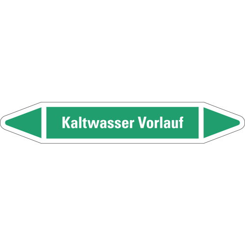 Rohrleitungsetikett Kaltwasser Vorlauf, grün-weiß, für Rohre mit Ø 25 - 40 mm, Standardfolie, 154 x 26 mm, 5 St./Bogen