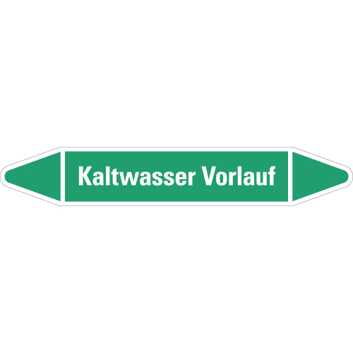 Rohrleitungsetikett Kaltwasser Vorlauf, grün-weiß, für Rohre mit Ø 60 - 90 mm, Standardfolie, 310 x 52 mm, 3 St./Bogen
