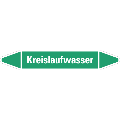 Rohrleitungsetikett Kreislaufwasser, grün-weiß, für Rohre mit Ø 60 - 90 mm, Standardfolie, 310 x 52 mm, 3 St./Bogen