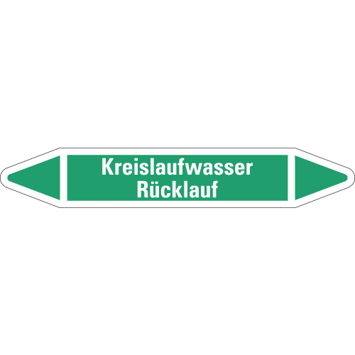 Rohrleitungsetikett Kreislaufwasser Rücklauf, grün-weiß, für Rohre mit Ø 25 - 40 mm, Standardfolie, 154 x 26 mm, 5 St./Bogen Rohrleitungsetikett Kreislaufwasser Rücklauf, grün-weiß, für Rohre mit Ø 25 - 40 mm, Standardfolie, 154 x 26 mm, 5 St./Bogen