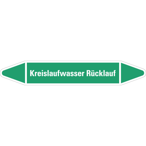 Rohrleitungsetikett Kreislaufwasser Rücklauf, grün-weiß, für Rohre mit Ø 60 - 90 mm, Standardfolie, 310 x 52 mm, 3 St./Bogen Rohrleitungsetikett Kreislaufwasser Rücklauf, grün-weiß, für Rohre mit Ø 60 - 90 mm, Standardfolie, 310 x 52 mm, 3 St./Bogen