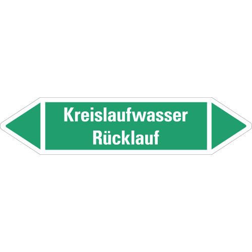 Rohrleitungsetikett Kreislaufwasser Rücklauf, grün-weiß, für Rohre mit Ø ab 90 mm, Standardfolie, 440 x 100 mm, 2 St./Bogen Rohrleitungsetikett Kreislaufwasser Rücklauf, grün-weiß, für Rohre mit Ø ab 90 mm, Standardfolie, 440 x 100 mm, 2 St./Bogen