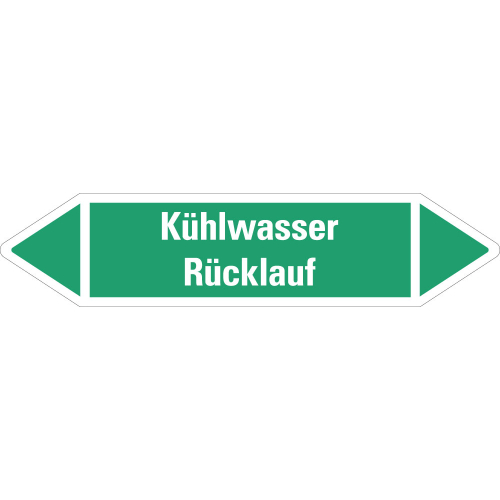 Rohrleitungsetikett Kühlwasser Rücklauf, grün-weiß, für Rohre mit Ø ab 90 mm, Standardfolie, 440 x 100 mm, 2 St./Bogen Rohrleitungsetikett Kühlwasser Rücklauf, grün-weiß, für Rohre mit Ø ab 90 mm, Standardfolie, 440 x 100 mm, 2 St./Bogen