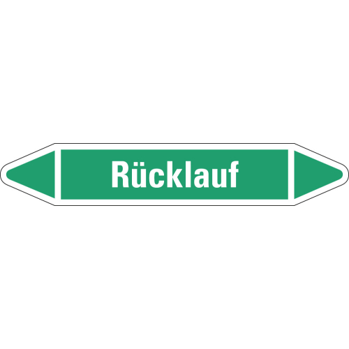 Rohrleitungsetikett Rücklauf, grün-weiß, für Rohre mit Ø 15 - 25 mm, Standardfolie, 96 x 17 mm, 8 St./Bogen Rohrleitungsetikett Rücklauf, grün-weiß, für Rohre mit Ø 15 - 25 mm, Standardfolie, 96 x 17 mm, 8 St./Bogen