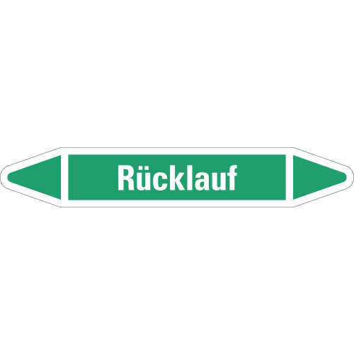 Rohrleitungsetikett Rücklauf, grün-weiß, für Rohre mit Ø 40 - 60 mm, Standardfolie, 218 x 37 mm, 5 St./Bogen