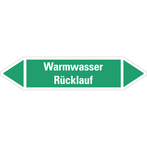 Rohrleitungsetikett Warmwasser Rücklauf, grün-weiß, für Rohre mit Ø ab 90 mm, Standardfolie, 440 x 100 mm, 2 St./Bogen