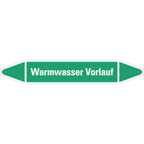 Rohrleitungsetikett Warmwasser Vorlauf, grün-weiß, für Rohre mit Ø 60 - 90 mm, Standardfolie, 310 x 52 mm, 3 St./Bogen