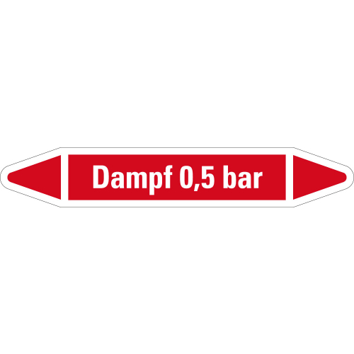 Rohrleitungsetikett Dampf 0,5 bar, rot-weiß, für Rohre mit Ø 40 - 60 mm, Standardfolie, 218 x 37 mm, 5 St./Bogen