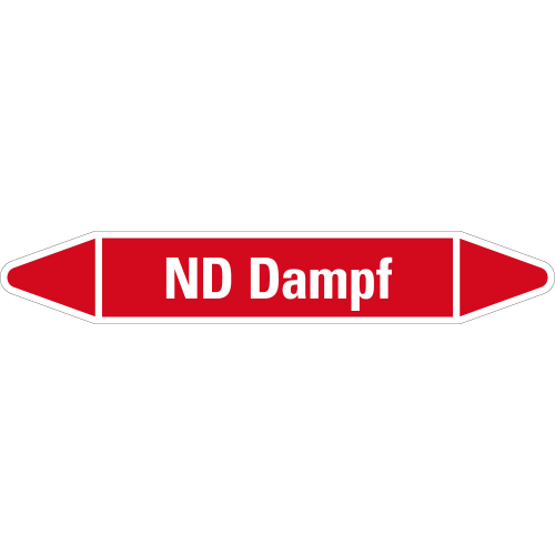 Rohrleitungsetikett ND Dampf, rot-weiß, für Rohre mit Ø 60 - 90 mm, Standardfolie, 310 x 52 mm, 3 St./Bogen Rohrleitungsetikett ND Dampf, rot-weiß, für Rohre mit Ø 60 - 90 mm, Standardfolie, 310 x 52 mm, 3 St./Bogen