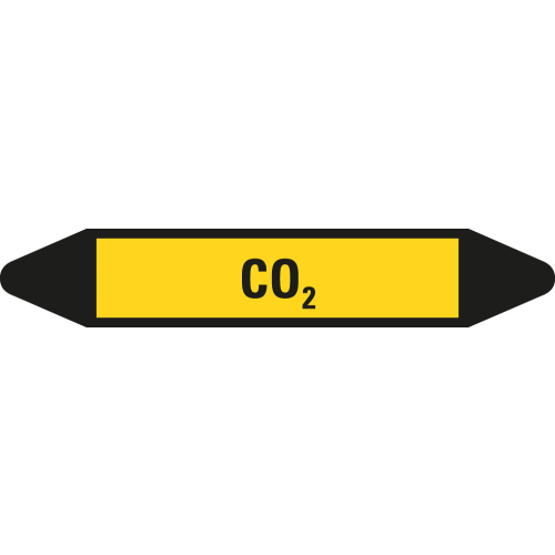 Rohrleitungsetikett CO2, gelb-schwarz, für Rohre mit Ø 15 - 25 mm, Standardfolie, 96 x 17 mm, 8 St./Bogen
