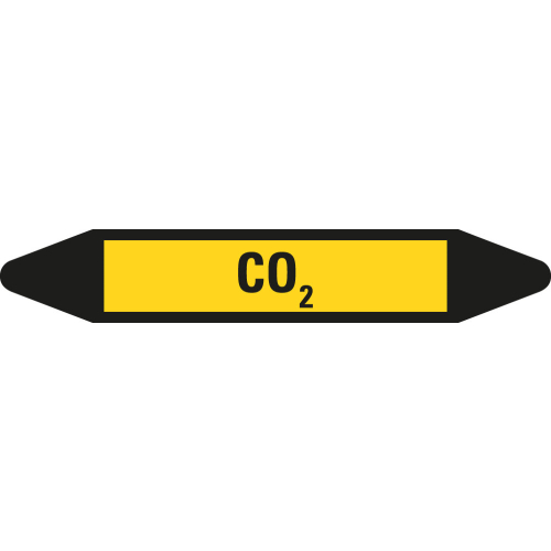 Rohrleitungsetikett CO2, gelb-schwarz, für Rohre mit Ø 25 - 40 mm, Standardfolie, 154 x 26 mm, 5 St./Bogen