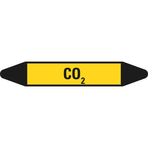 Rohrleitungsetikett CO2, gelb-schwarz, für Rohre mit Ø 60 - 90 mm, Standardfolie, 310 x 52 mm, 3 St./Bogen