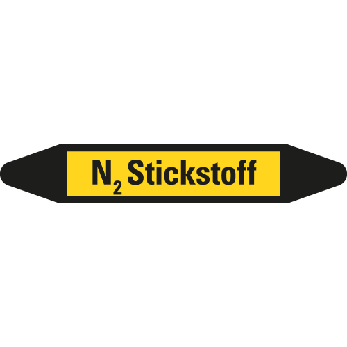 Rohrleitungsetikett N2 Stickstoff, gelb-schwarz, für Rohre mit Ø 40 - 60 mm, Standardfolie, 218 x 37 mm, 5 St./Bogen Rohrleitungsetikett N2 Stickstoff, gelb-schwarz, für Rohre mit Ø 40 - 60 mm, Standardfolie, 218 x 37 mm, 5 St./Bogen