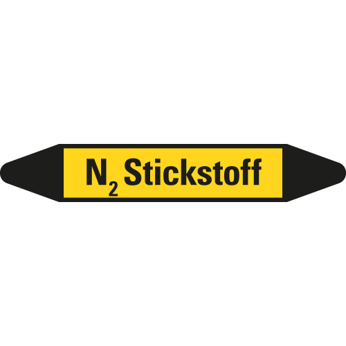 Rohrleitungsetikett N2 Stickstoff, gelb-schwarz, für Rohre mit Ø 60 - 90 mm, Standardfolie, 310 x 52 mm, 3 St./Bogen Rohrleitungsetikett N2 Stickstoff, gelb-schwarz, für Rohre mit Ø 60 - 90 mm, Standardfolie, 310 x 52 mm, 3 St./Bogen
