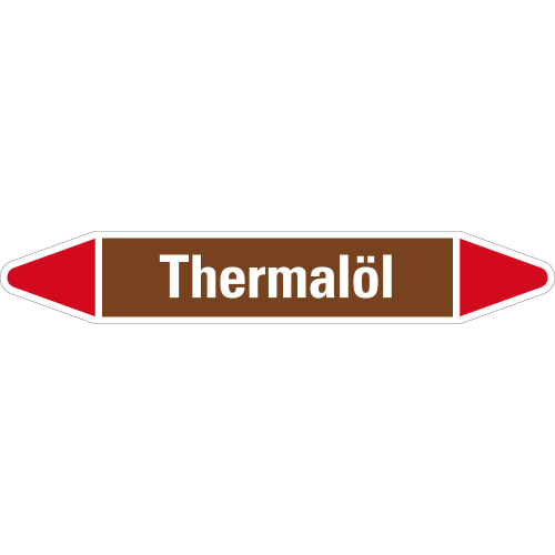 Rohrleitungsetikett Thermalöl, braun-weiß-rot, für Rohre mit Ø 60 - 90 mm, Standardfolie, 310 x 52 mm, 3 St./Bogen Rohrleitungsetikett Thermalöl, braun-weiß-rot, für Rohre mit Ø 60 - 90 mm, Standardfolie, 310 x 52 mm, 3 St./Bogen