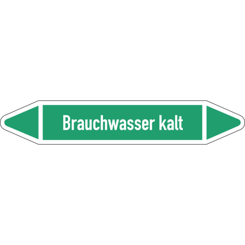 Rohrleitungsetikett Brauchwasser kalt, gemäß DIN 2403, grün-weiß, für Rohre mit Ø 15 - 25 mm, Standardfolie, 96 x 17 mm, 8 St./Bogen