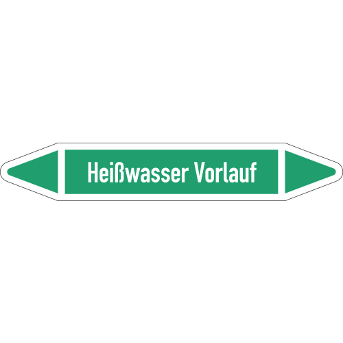 Rohrleitungsetikett Heißwasser Vorlauf, gemäß DIN 2403, grün-weiß, für Rohre mit Ø 25 - 40 mm, Standardfolie, 154 x 26 mm, 5 St./Bogen Rohrleitungsetikett Heißwasser Vorlauf, gemäß DIN 2403, grün-weiß, für Rohre mit Ø 25 - 40 mm, Standardfolie, 154 x 26 mm, 5 St./Bogen