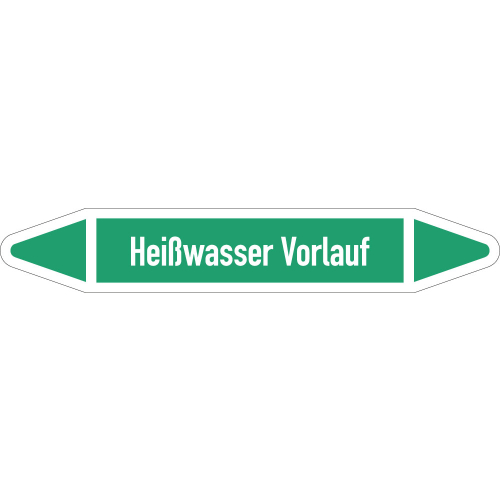 Rohrleitungsetikett Heißwasser Vorlauf, gemäß DIN 2403, grün-weiß, für Rohre mit Ø 40 - 60 mm, Standardfolie, 218 x 37 mm, 5 St./Bogen Rohrleitungsetikett Heißwasser Vorlauf, gemäß DIN 2403, grün-weiß, für Rohre mit Ø 40 - 60 mm, Standardfolie, 218 x 37 mm, 5 St./Bogen
