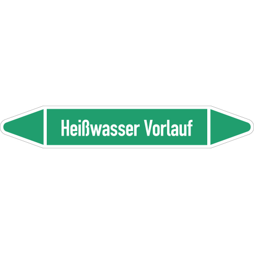 Rohrleitungsetikett Heißwasser Vorlauf, gemäß DIN 2403, grün-weiß, für Rohre mit Ø 60 - 90 mm, Standardfolie, 310 x 52 mm, 3 St./Bogen