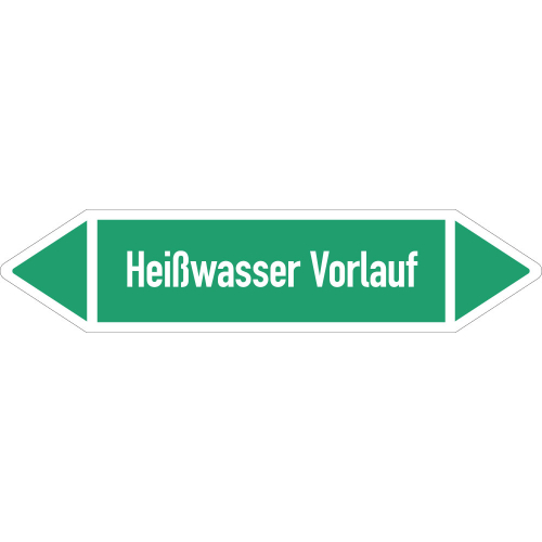 Rohrleitungsetikett Heißwasser Vorlauf, gemäß DIN 2403, grün-weiß, für Rohre mit Ø ab 90 mm, Standardfolie, 440 x 100 mm, 2 St./Bogen