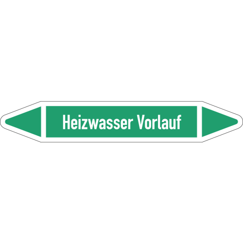 Rohrleitungsetikett Heizwasser Vorlauf, gemäß DIN 2403, grün-weiß, für Rohre mit Ø 25 - 40 mm, Standardfolie, 154 x 26 mm, 5 St./Bogen