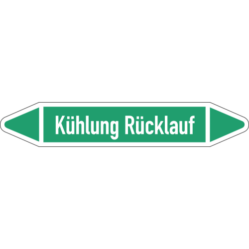 Rohrleitungsetikett Kühlung Rücklauf, gemäß DIN 2403, grün-weiß, für Rohre mit Ø 15 - 25 mm, Standardfolie, 96 x 17 mm, 8 St./Bogen