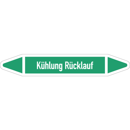 Rohrleitungsetikett Kühlung Rücklauf, gemäß DIN 2403, grün-weiß, für Rohre mit Ø 40 - 60 mm, Standardfolie, 218 x 37 mm, 5 St./Bogen