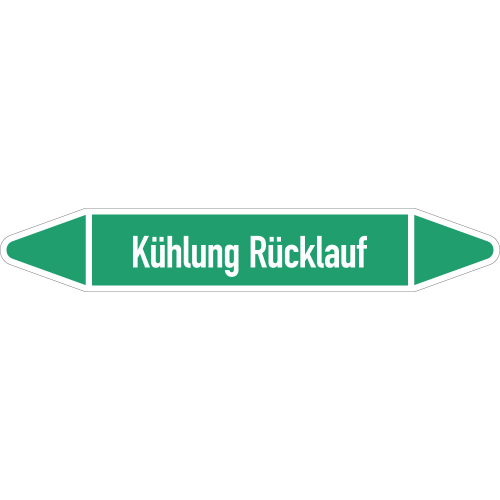 Rohrleitungsetikett Kühlung Rücklauf, gemäß DIN 2403, grün-weiß, für Rohre mit Ø 60 - 90 mm, Standardfolie, 310 x 52 mm, 3 St./Bogen