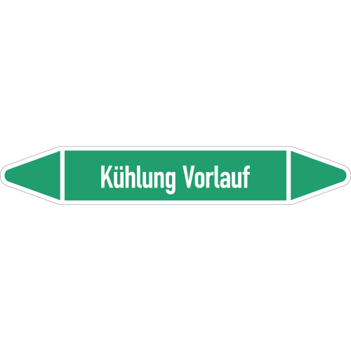 Rohrleitungsetikett Kühlung Vorlauf, gemäß DIN 2403, grün-weiß, für Rohre mit Ø 60 - 90 mm, Standardfolie, 310 x 52 mm, 3 St./Bogen Rohrleitungsetikett Kühlung Vorlauf, gemäß DIN 2403, grün-weiß, für Rohre mit Ø 60 - 90 mm, Standardfolie, 310 x 52 mm, 3 St./Bogen