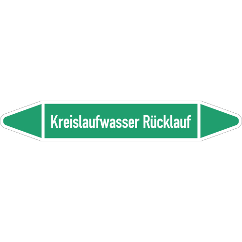 Rohrleitungsetikett Kreislaufwasser Rücklauf, gemäß DIN 2403, grün-weiß, für Rohre mit Ø 60 - 90 mm, Standardfolie, 310 x 52 mm, 3 St./Bogen