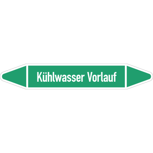 Rohrleitungsetikett Kühlwasser Vorlauf, gemäß DIN 2403, grün-weiß, für Rohre mit Ø 60 - 90 mm, Standardfolie, 310 x 52 mm, 3 St./Bogen