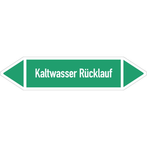 Rohrleitungsetikett Kaltwasser Rücklauf, gemäß DIN 2403, grün-weiß, für Rohre mit Ø ab 90 mm, Standardfolie, 440 x 100 mm, 2 St./Bogen Rohrleitungsetikett Kaltwasser Rücklauf, gemäß DIN 2403, grün-weiß, für Rohre mit Ø ab 90 mm, Standardfolie, 440 x 100 mm, 2 St./Bogen