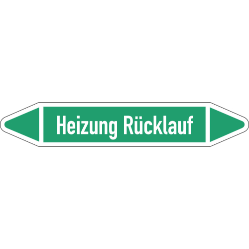 Rohrleitungsetikett Heizung Rücklauf, gemäß DIN 2403, grün-weiß, für Rohre mit Ø 15 - 25 mm, Standardfolie, 96 x 17 mm, 8 St./Bogen Rohrleitungsetikett Heizung Rücklauf, gemäß DIN 2403, grün-weiß, für Rohre mit Ø 15 - 25 mm, Standardfolie, 96 x 17 mm, 8 St./Bogen