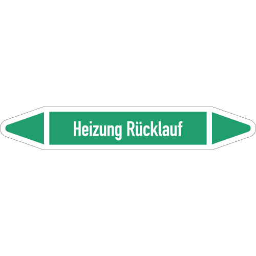 Rohrleitungsetikett Heizung Rücklauf, gemäß DIN 2403, grün-weiß, für Rohre mit Ø 40 - 60 mm, Standardfolie, 218 x 37 mm, 5 St./Bogen Rohrleitungsetikett Heizung Rücklauf, gemäß DIN 2403, grün-weiß, für Rohre mit Ø 40 - 60 mm, Standardfolie, 218 x 37 mm, 5 St./Bogen