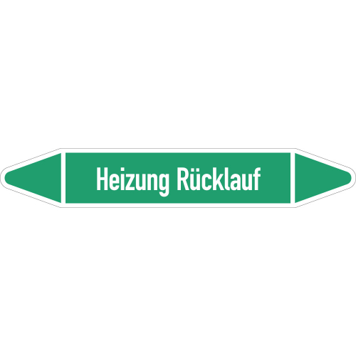 Rohrleitungsetikett Heizung Rücklauf, gemäß DIN 2403, grün-weiß, für Rohre mit Ø 60 - 90 mm, Standardfolie, 310 x 52 mm, 3 St./Bogen Rohrleitungsetikett Heizung Rücklauf, gemäß DIN 2403, grün-weiß, für Rohre mit Ø 60 - 90 mm, Standardfolie, 310 x 52 mm, 3 St./Bogen