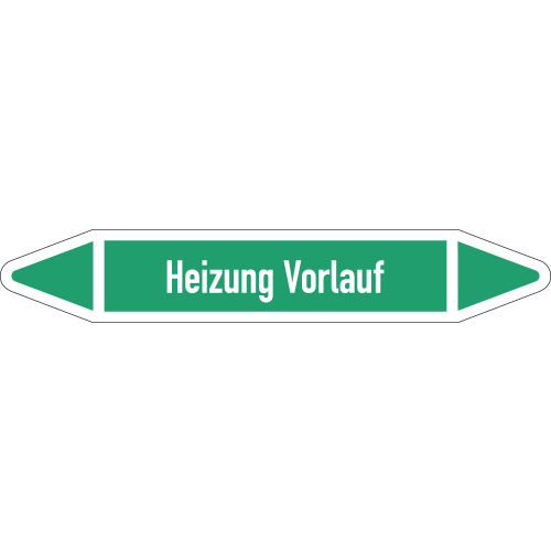 Rohrleitungsetikett Heizung Vorlauf, gemäß DIN 2403, grün-weiß, für Rohre mit Ø 25 - 40 mm, Standardfolie, 154 x 26 mm, 5 St./Bogen Rohrleitungsetikett Heizung Vorlauf, gemäß DIN 2403, grün-weiß, für Rohre mit Ø 25 - 40 mm, Standardfolie, 154 x 26 mm, 5 St./Bogen