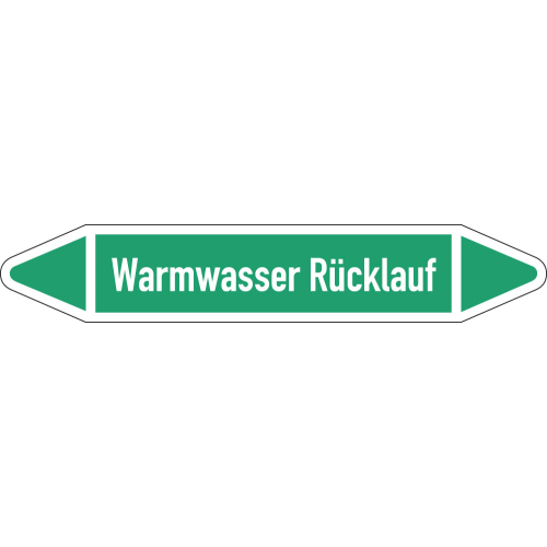 Rohrleitungsetikett Warmwasser Rücklauf, gemäß DIN 2403, grün-weiß, für Rohre mit Ø 15 - 25 mm, Standardfolie, 96 x 17 mm, 8 St./Bogen Rohrleitungsetikett Warmwasser Rücklauf, gemäß DIN 2403, grün-weiß, für Rohre mit Ø 15 - 25 mm, Standardfolie, 96 x 17 mm, 8 St./Bogen
