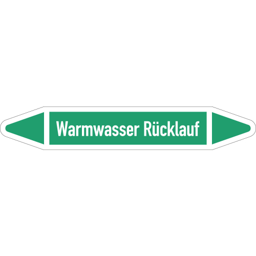 Rohrleitungsetikett Warmwasser Rücklauf, gemäß DIN 2403, grün-weiß, für Rohre mit Ø 40 - 60 mm, Standardfolie, 218 x 37 mm, 5 St./Bogen