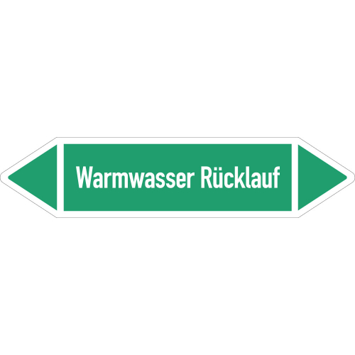 Rohrleitungsetikett Warmwasser Rücklauf, gemäß DIN 2403, grün-weiß, für Rohre mit Ø ab 90 mm, Standardfolie, 440 x 100 mm, 2 St./Bogen