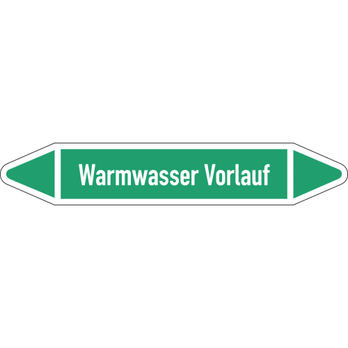Rohrleitungsetikett Warmwasser Vorlauf, gemäß DIN 2403, grün-weiß, für Rohre mit Ø 15 - 25 mm, Standardfolie, 96 x 17 mm, 8 St./Bogen Rohrleitungsetikett Warmwasser Vorlauf, gemäß DIN 2403, grün-weiß, für Rohre mit Ø 15 - 25 mm, Standardfolie, 96 x 17 mm, 8 St./Bogen