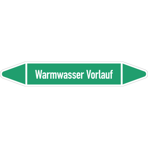 Rohrleitungsetikett Warmwasser Vorlauf, gemäß DIN 2403, grün-weiß, für Rohre mit Ø 60 - 90 mm, Standardfolie, 310 x 52 mm, 3 St./Bogen Rohrleitungsetikett Warmwasser Vorlauf, gemäß DIN 2403, grün-weiß, für Rohre mit Ø 60 - 90 mm, Standardfolie, 310 x 52 mm, 3 St./Bogen