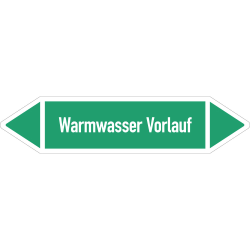 Rohrleitungsetikett Warmwasser Vorlauf, gemäß DIN 2403, grün-weiß, für Rohre mit Ø ab 90 mm, Standardfolie, 440 x 100 mm, 2 St./Bogen