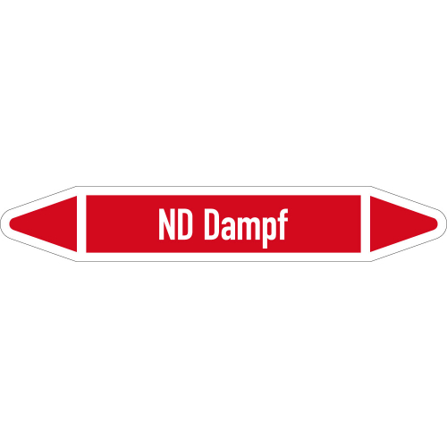 Rohrleitungsetikett ND Dampf, gemäß DIN 2403, rot-weiß, für Rohre mit Ø 40 - 60 mm, Standardfolie, 218 x 37 mm, 5 St./Bogen Rohrleitungsetikett ND Dampf, gemäß DIN 2403, rot-weiß, für Rohre mit Ø 40 - 60 mm, Standardfolie, 218 x 37 mm, 5 St./Bogen