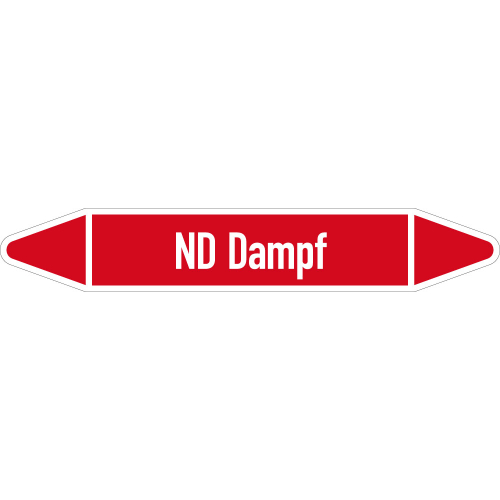 Rohrleitungsetikett ND Dampf, gemäß DIN 2403, rot-weiß, für Rohre mit Ø 60 - 90 mm, Standardfolie, 310 x 52 mm, 3 St./Bogen Rohrleitungsetikett ND Dampf, gemäß DIN 2403, rot-weiß, für Rohre mit Ø 60 - 90 mm, Standardfolie, 310 x 52 mm, 3 St./Bogen