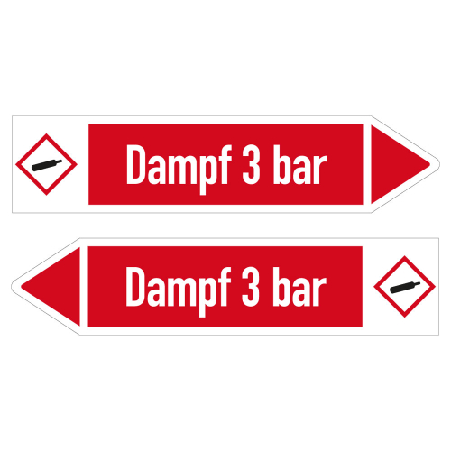 Bild der Vorderseite des Rohrleitungsetikett: Dampf 3 bar, Fließrichtung rechts/links, DIN 2403, rot/weiß, Standardfolie