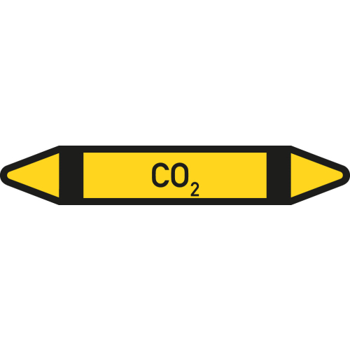 Rohrleitungsetikett CO2, gemäß DIN 2403, gelb-schwarz, für Rohre mit Ø 25 - 40 mm, Standardfolie, 154 x 26 mm, 5 St./Bogen