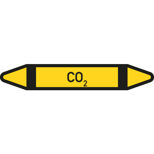 Rohrleitungsetikett CO2, gemäß DIN 2403, gelb-schwarz, für Rohre mit Ø 40 - 60 mm, Standardfolie, 218 x 37 mm, 5 St./Bogen Rohrleitungsetikett CO2, gemäß DIN 2403, gelb-schwarz, für Rohre mit Ø 40 - 60 mm, Standardfolie, 218 x 37 mm, 5 St./Bogen